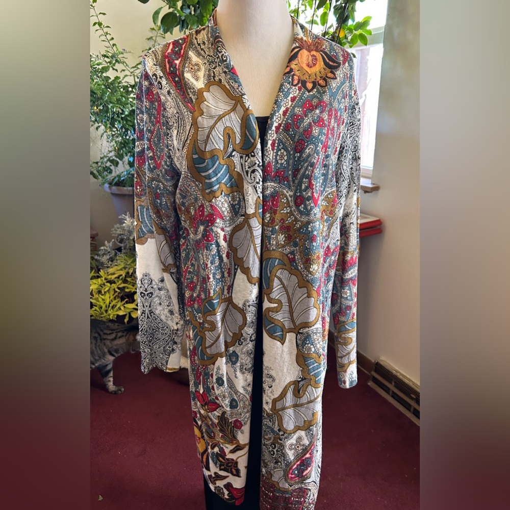 Chico’s Paisley Off White Cotton Acrylic Open MIDI Cardigan size 2